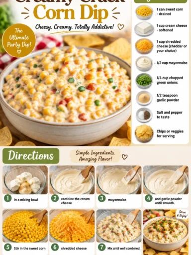 Creamy crack corn dip served in a bowl with chips on the side