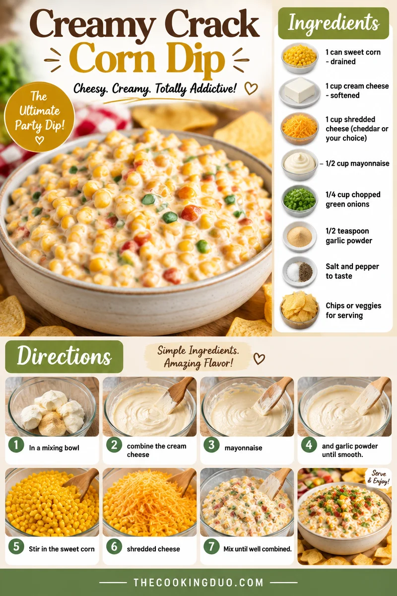 Creamy crack corn dip served in a bowl with chips on the side