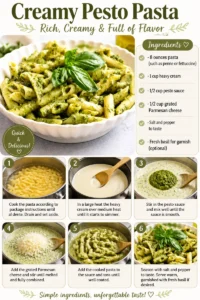 Creamy pesto pasta dish garnished with fresh basil on a plate