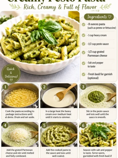 Creamy pesto pasta dish garnished with fresh basil on a plate
