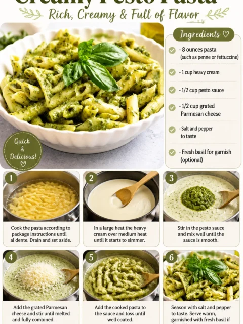 Creamy pesto pasta dish garnished with fresh basil on a plate