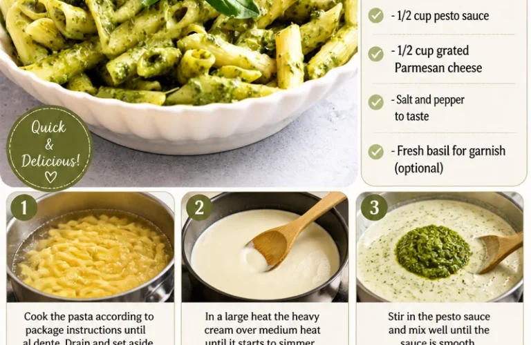Creamy pesto pasta dish garnished with fresh basil on a plate