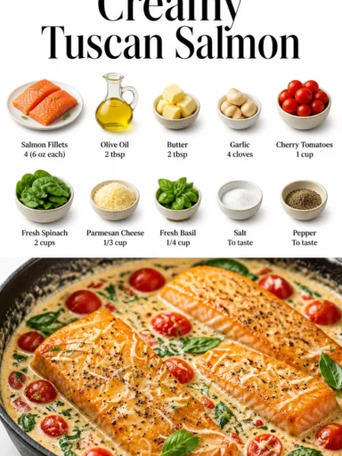 Delicious creamy Tuscan salmon served with herbs and vegetables.