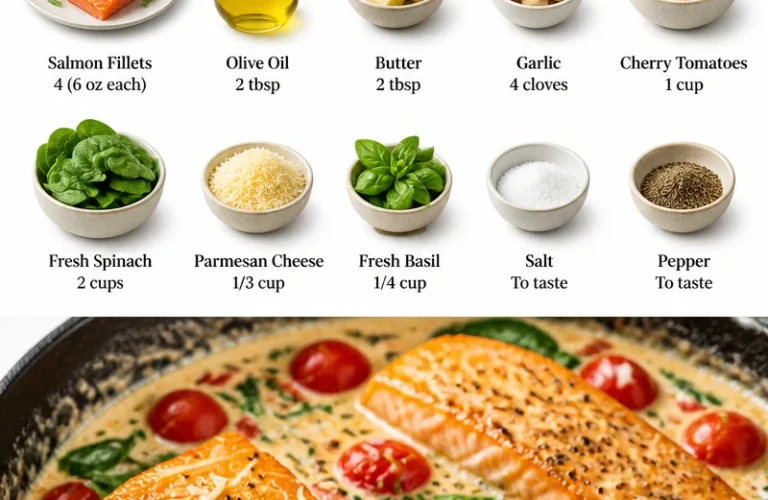 Delicious creamy Tuscan salmon served with herbs and vegetables.