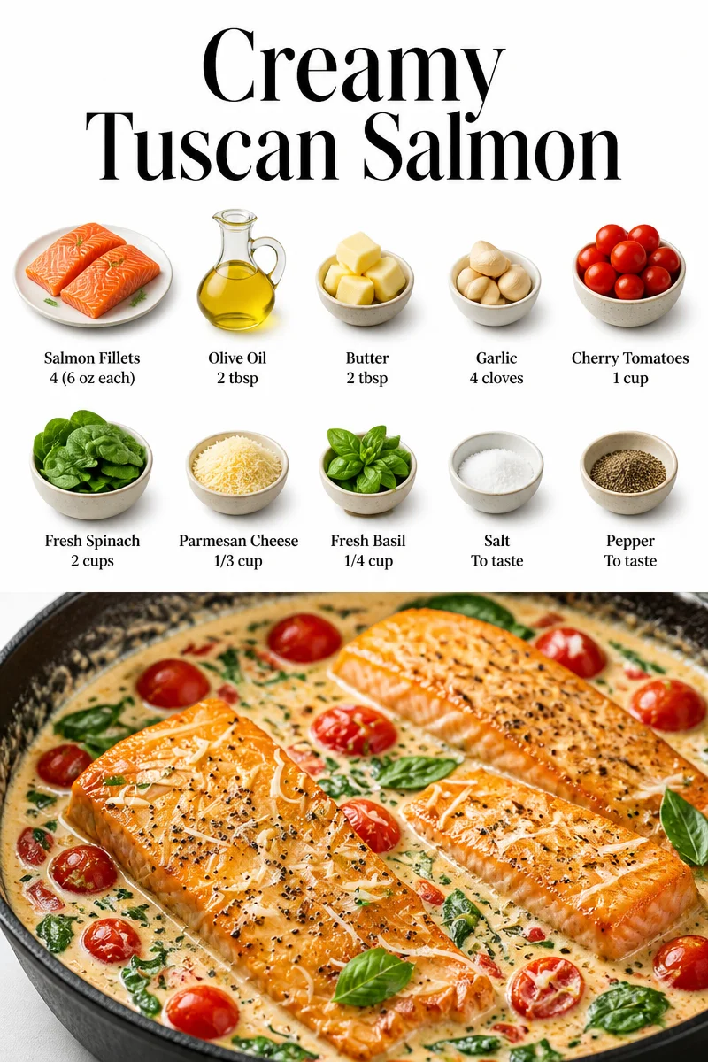 Delicious creamy Tuscan salmon served with herbs and vegetables.