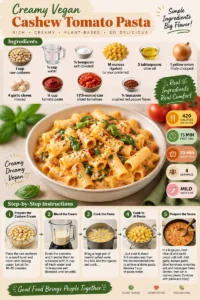Plate of creamy vegan cashew tomato pasta topped with fresh basil