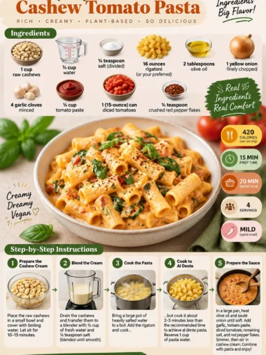 Plate of creamy vegan cashew tomato pasta topped with fresh basil