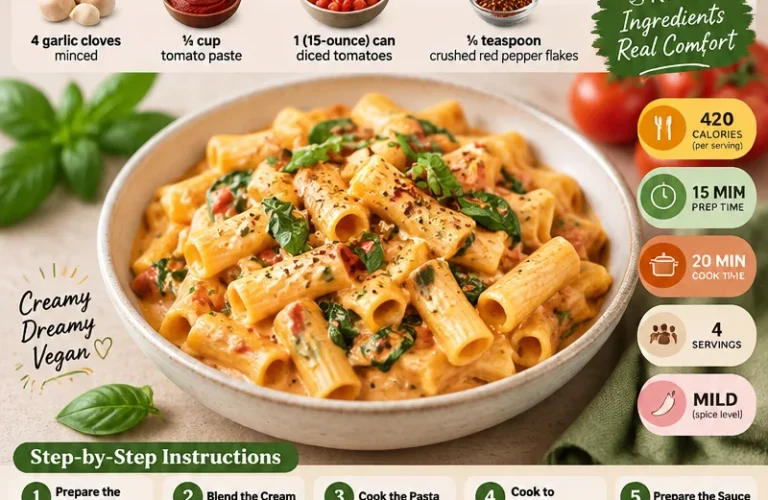 Plate of creamy vegan cashew tomato pasta topped with fresh basil