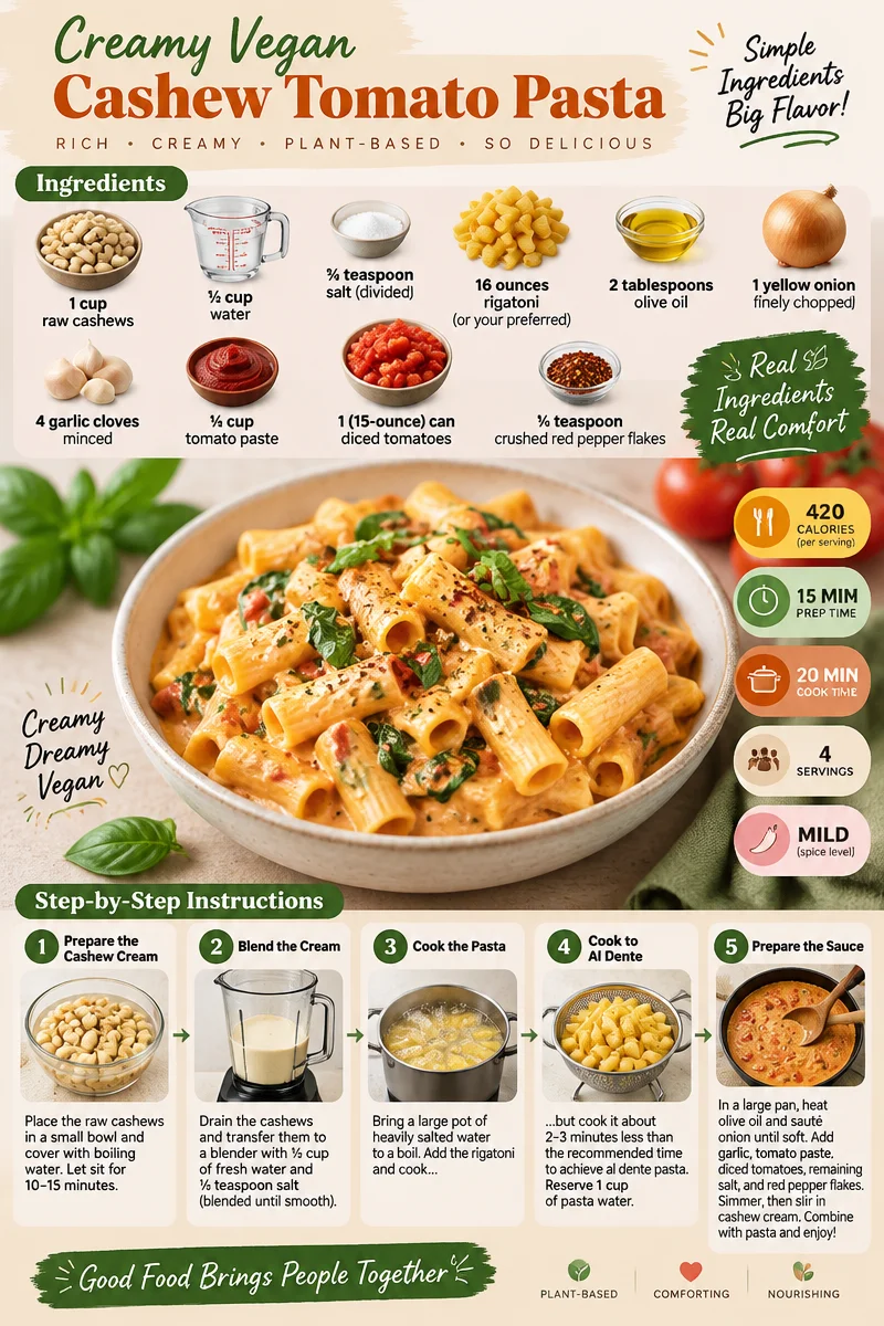 Plate of creamy vegan cashew tomato pasta topped with fresh basil