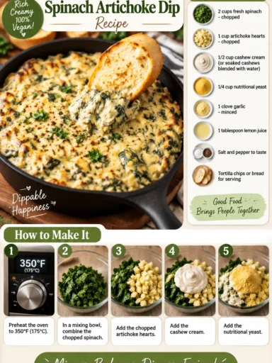 Creamy vegan spinach artichoke dip served in a bowl with fresh vegetables
