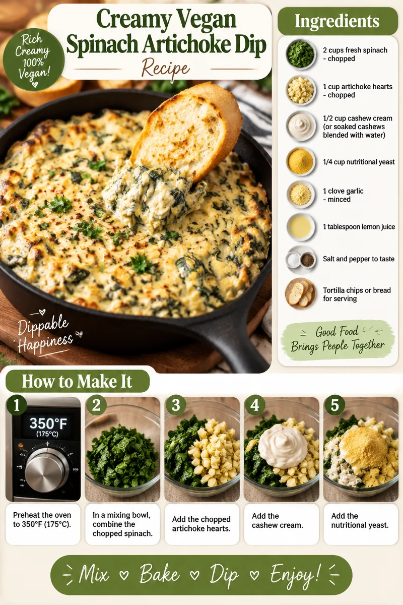 Creamy vegan spinach artichoke dip served in a bowl with fresh vegetables