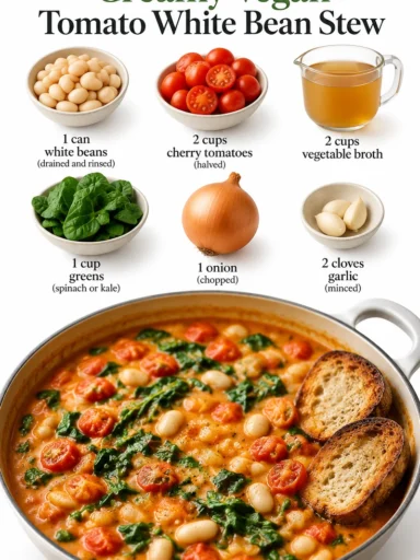 Creamy vegan tomato white bean stew in a colorful bowl