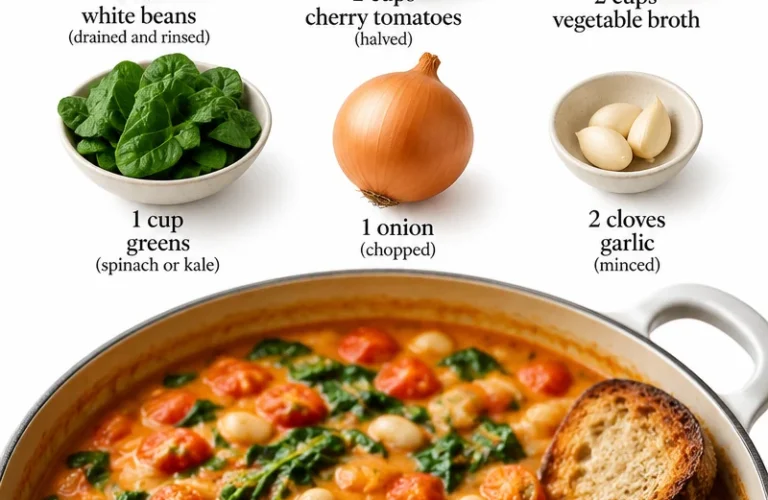 Creamy vegan tomato white bean stew in a colorful bowl