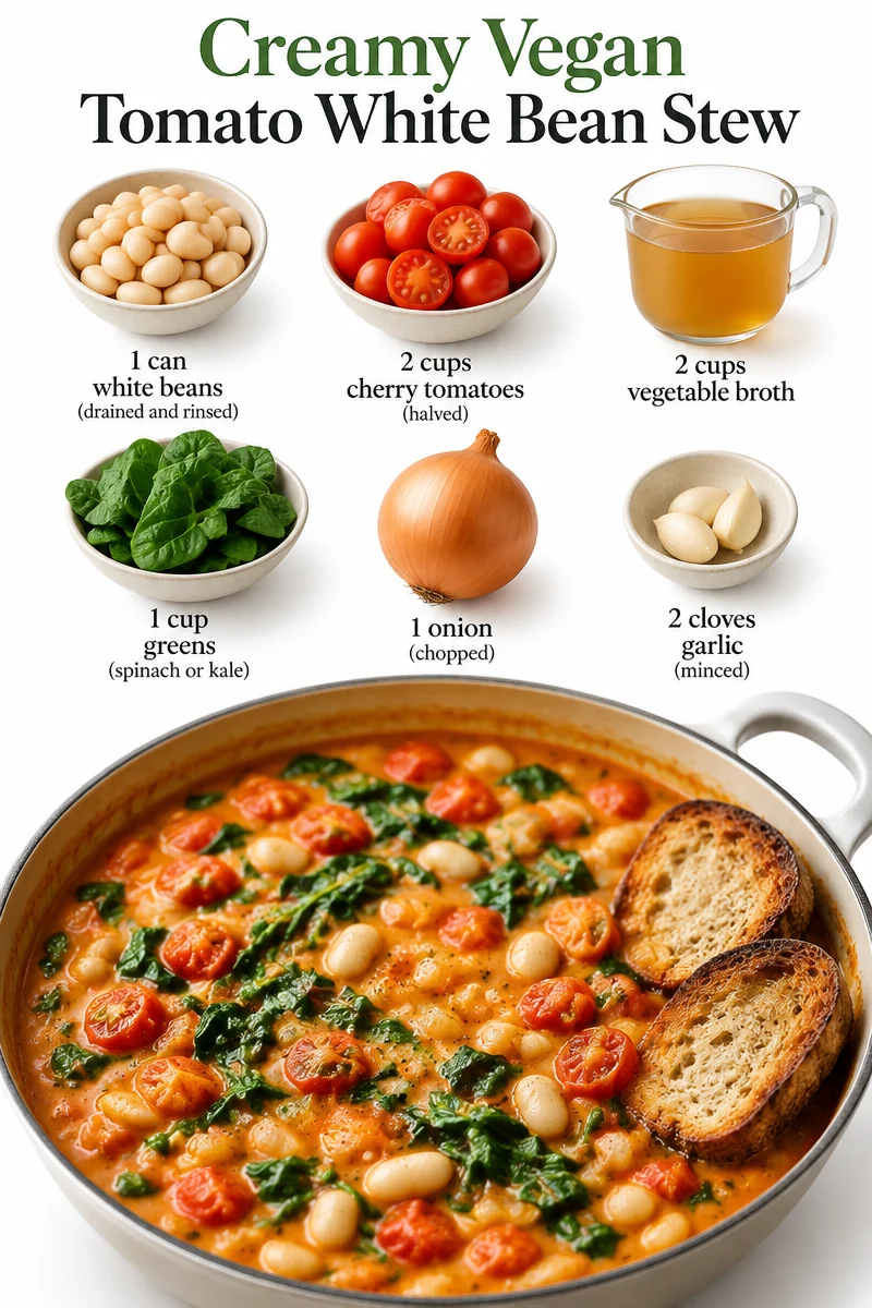 Creamy vegan tomato white bean stew in a colorful bowl