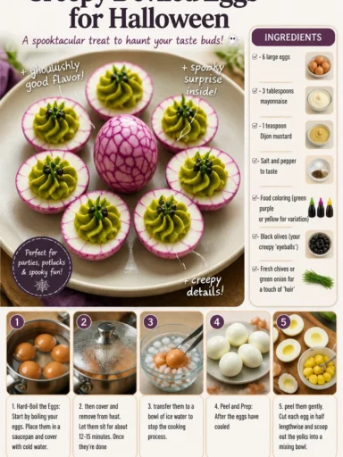 Creepy Halloween deviled eggs garnished for a spooky party