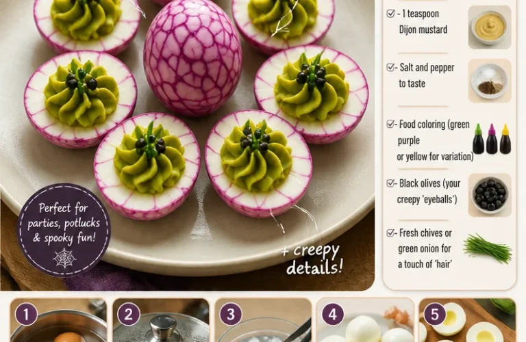 Creepy Halloween deviled eggs garnished for a spooky party