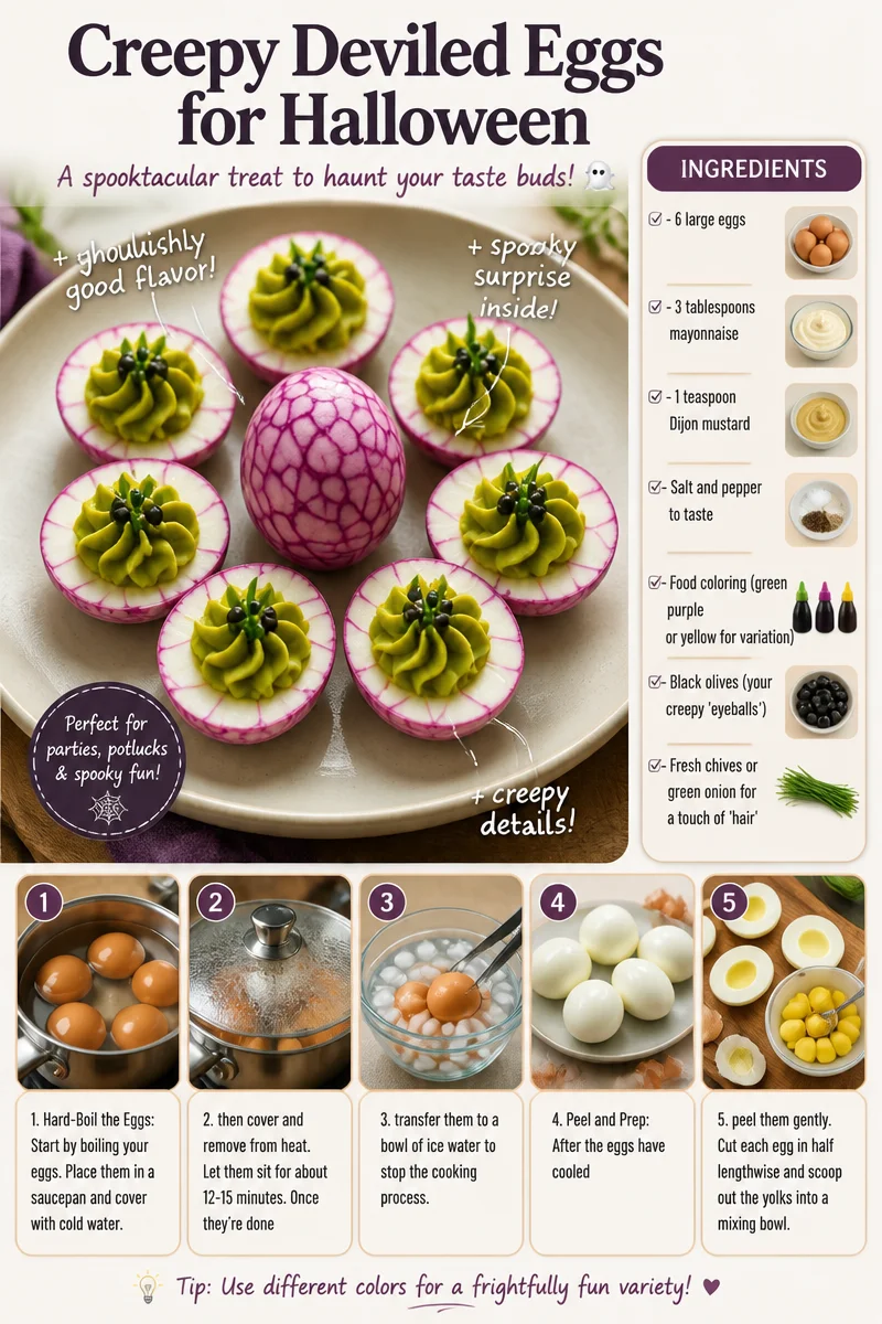 Creepy Halloween deviled eggs garnished for a spooky party