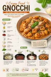 Crispy fried gnocchi served with creamy sundried tomato sauce on a plate.