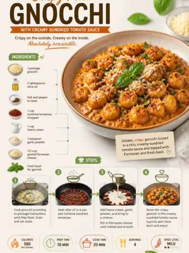Crispy fried gnocchi served with creamy sundried tomato sauce on a plate.