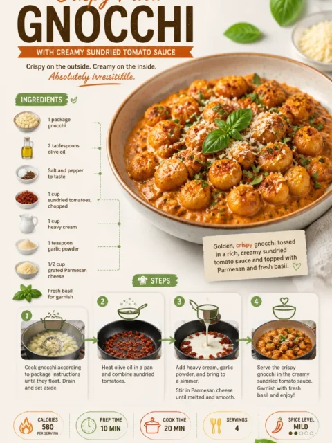 Crispy fried gnocchi served with creamy sundried tomato sauce on a plate.
