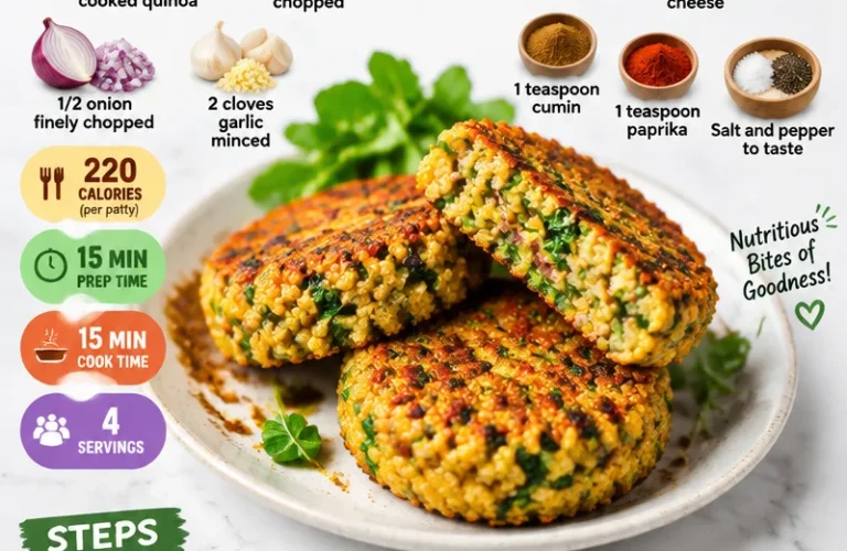 Deliciously crispy quinoa patties served on a plate with fresh herbs.