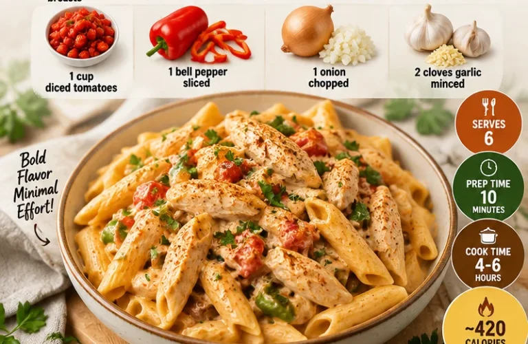 Delicious Crock Pot Cajun Chicken Pasta prepared with spices and ingredients