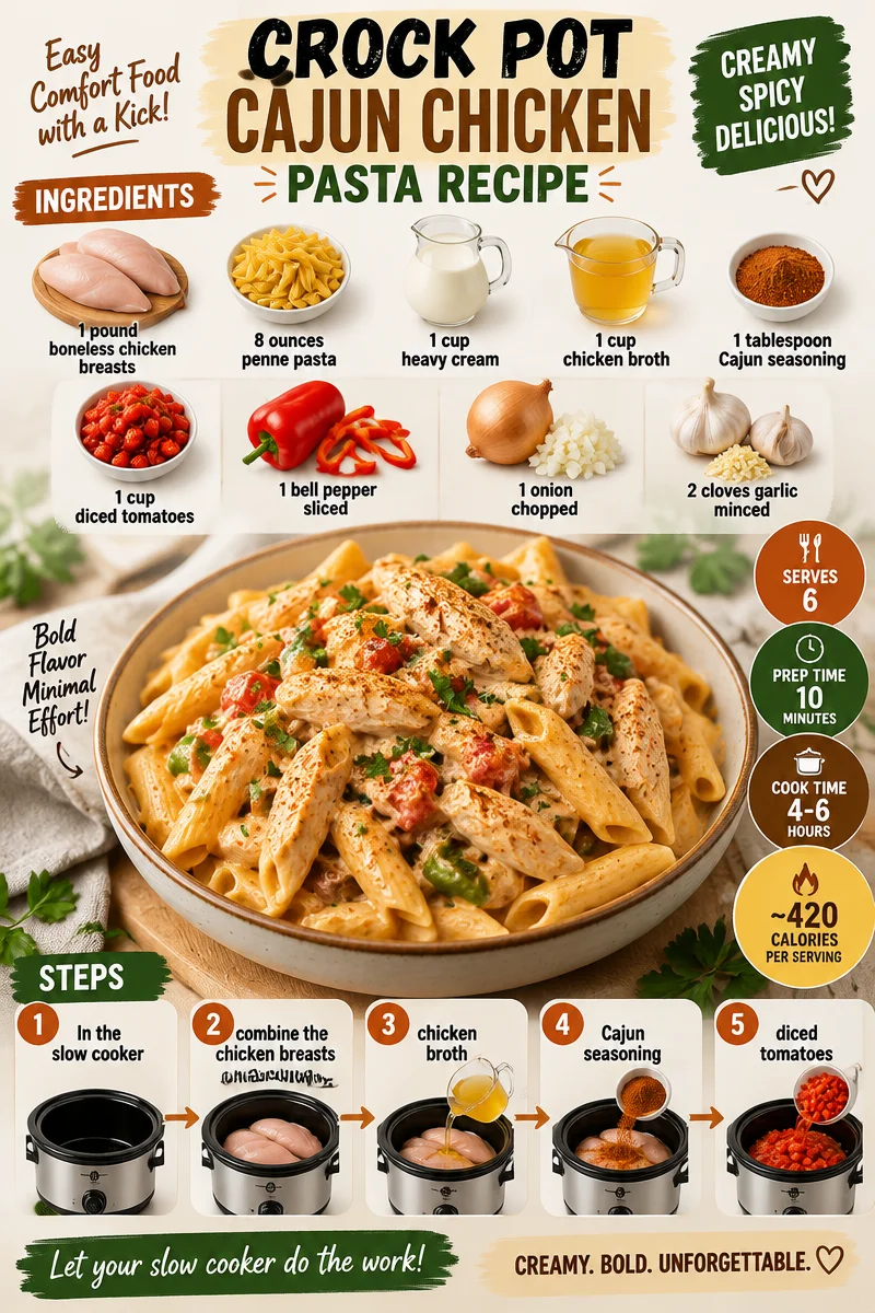 Delicious Crock Pot Cajun Chicken Pasta prepared with spices and ingredients