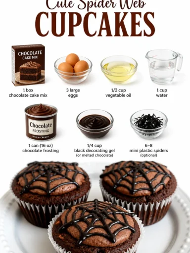 Cute spider web cupcakes decorated for Halloween with frosting and candy spiders.