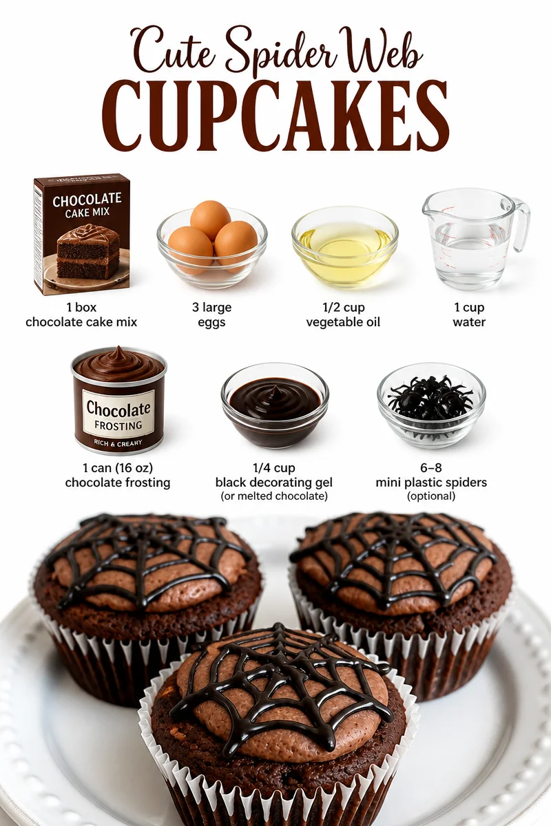 Cute spider web cupcakes decorated for Halloween with frosting and candy spiders.