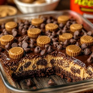 Delicious Reese’s Peanut Butter Earthquake Cake with chocolate and peanut butter layers.