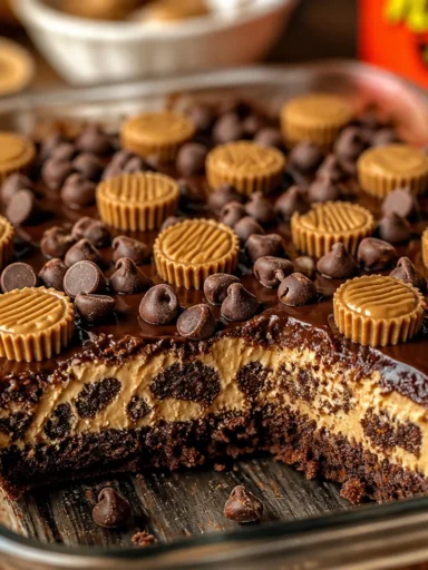 Delicious Reese’s Peanut Butter Earthquake Cake with chocolate and peanut butter layers.
