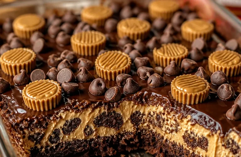 Delicious Reese’s Peanut Butter Earthquake Cake with chocolate and peanut butter layers.