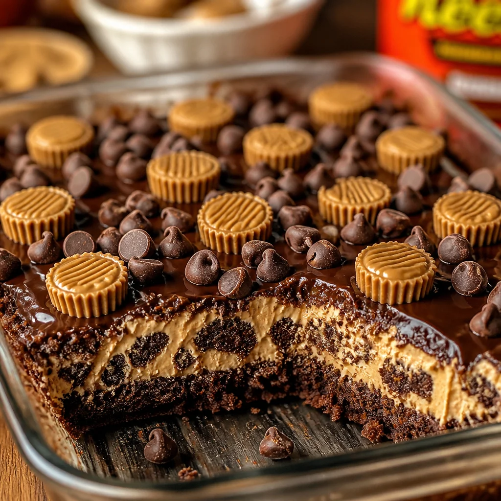 Delicious Reese’s Peanut Butter Earthquake Cake with chocolate and peanut butter layers.