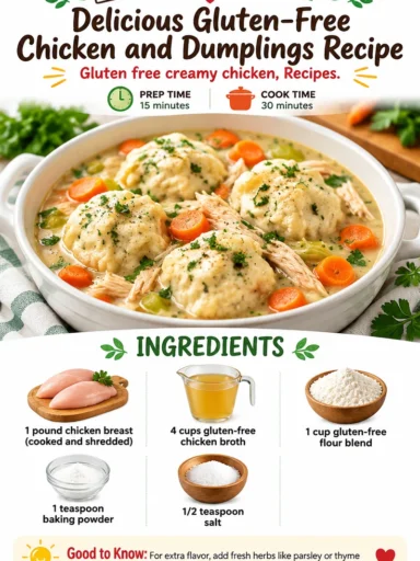 Bowl of gluten-free chicken and dumplings with creamy sauce and fresh herbs