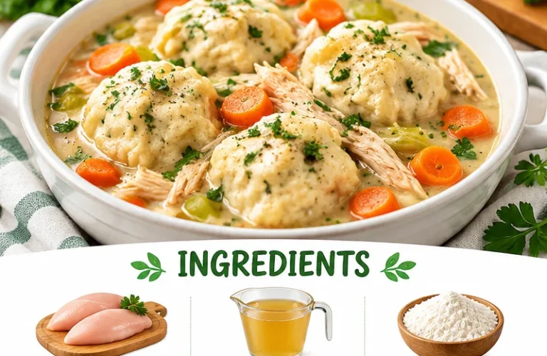 Bowl of gluten-free chicken and dumplings with creamy sauce and fresh herbs