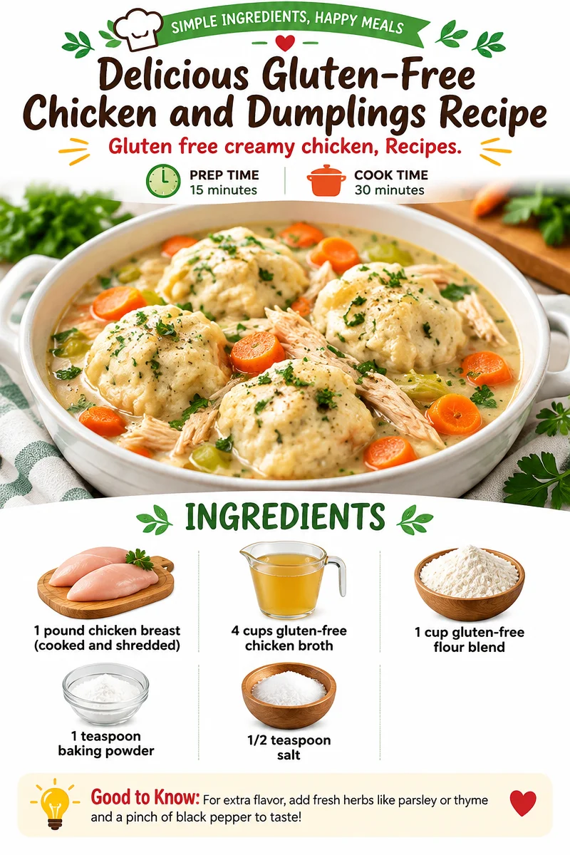 Bowl of gluten-free chicken and dumplings with creamy sauce and fresh herbs