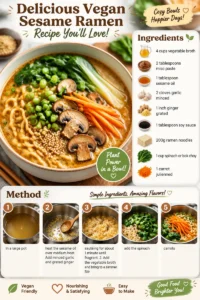 Bowl of delicious vegan sesame ramen topped with vegetables and herbs