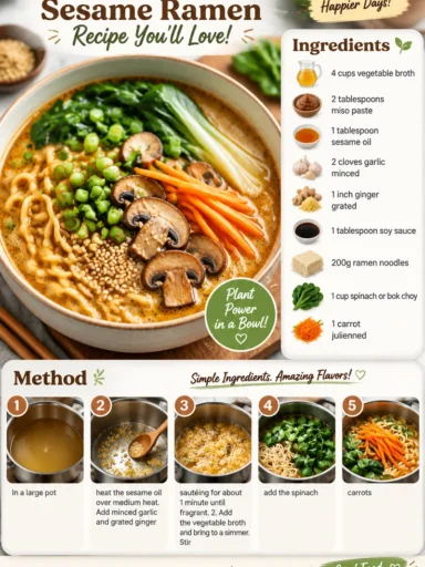 Bowl of delicious vegan sesame ramen topped with vegetables and herbs