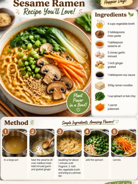 Bowl of delicious vegan sesame ramen topped with vegetables and herbs