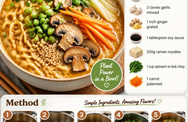 Bowl of delicious vegan sesame ramen topped with vegetables and herbs