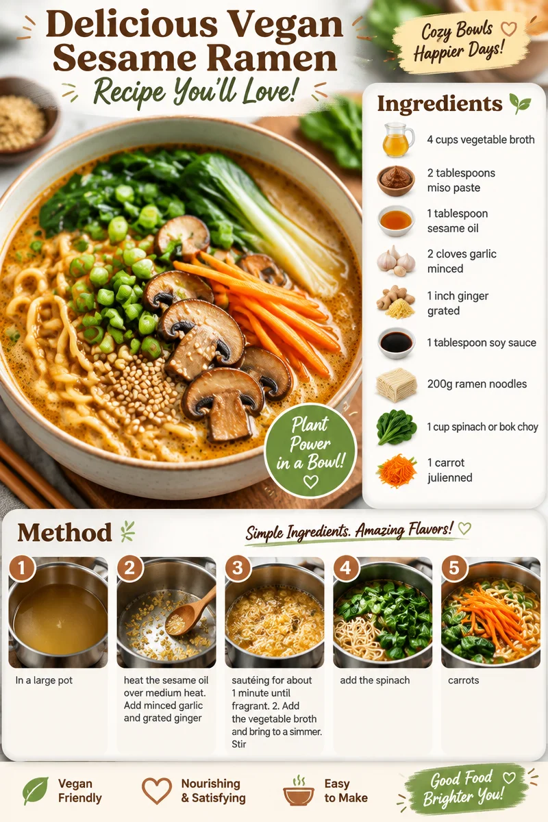 Bowl of delicious vegan sesame ramen topped with vegetables and herbs