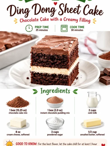 Delicious Ding Dong Sheet Cake with chocolate frosting and cream filling