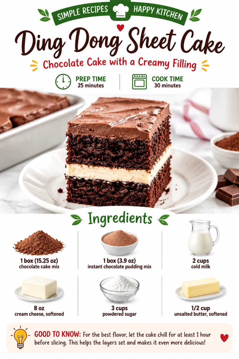 Delicious Ding Dong Sheet Cake with chocolate frosting and cream filling