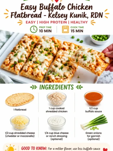 Delicious buffalo chicken flatbread topped with cheese and herbs.