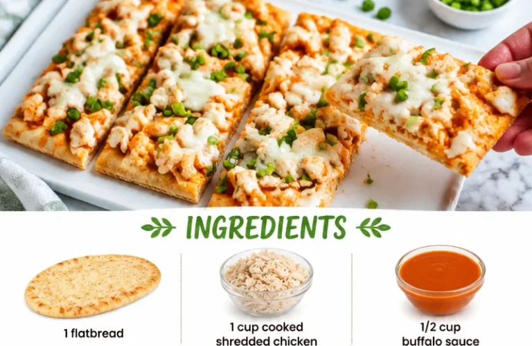 Delicious buffalo chicken flatbread topped with cheese and herbs.