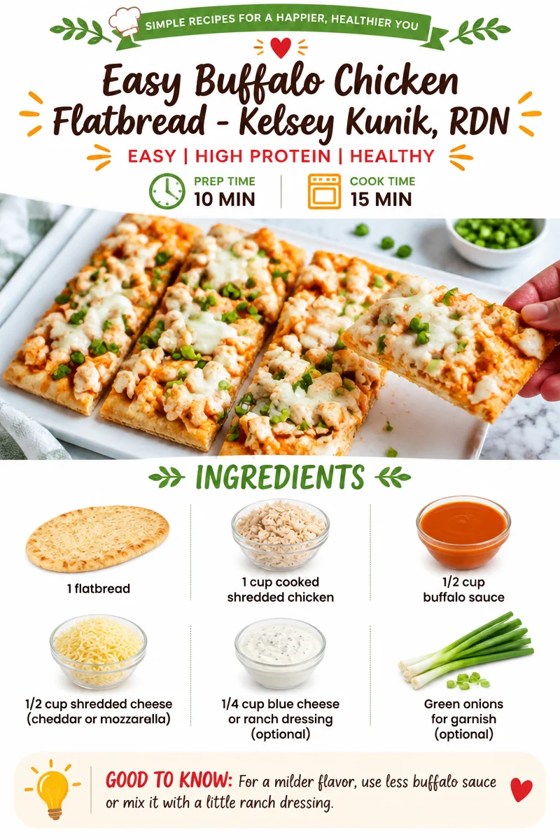 Delicious buffalo chicken flatbread topped with cheese and herbs.