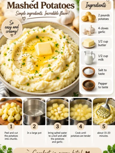 Bowl of creamy and delicious garlic mashed potatoes