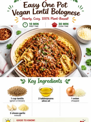 Bowl of easy one pot vegan lentil bolognese with fresh herbs on top.