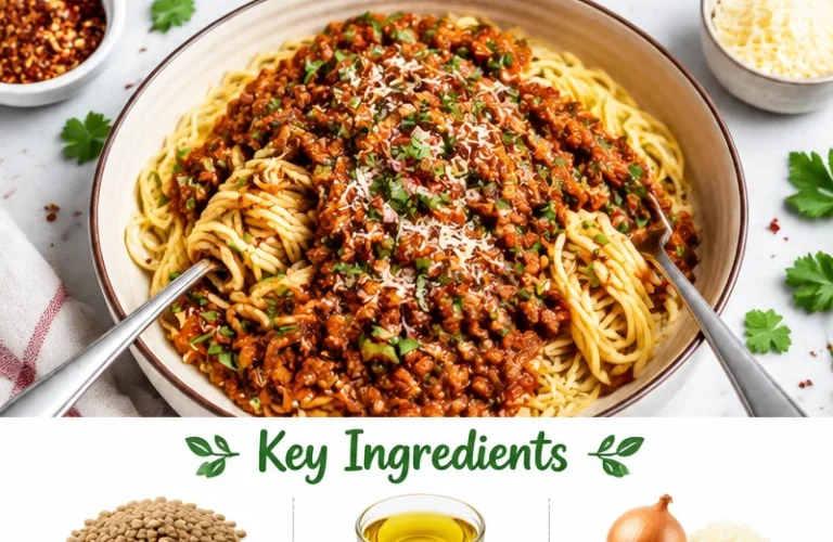 Bowl of easy one pot vegan lentil bolognese with fresh herbs on top.