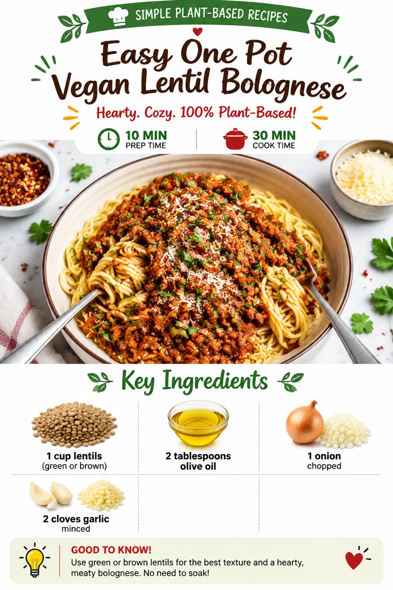 Bowl of easy one pot vegan lentil bolognese with fresh herbs on top.